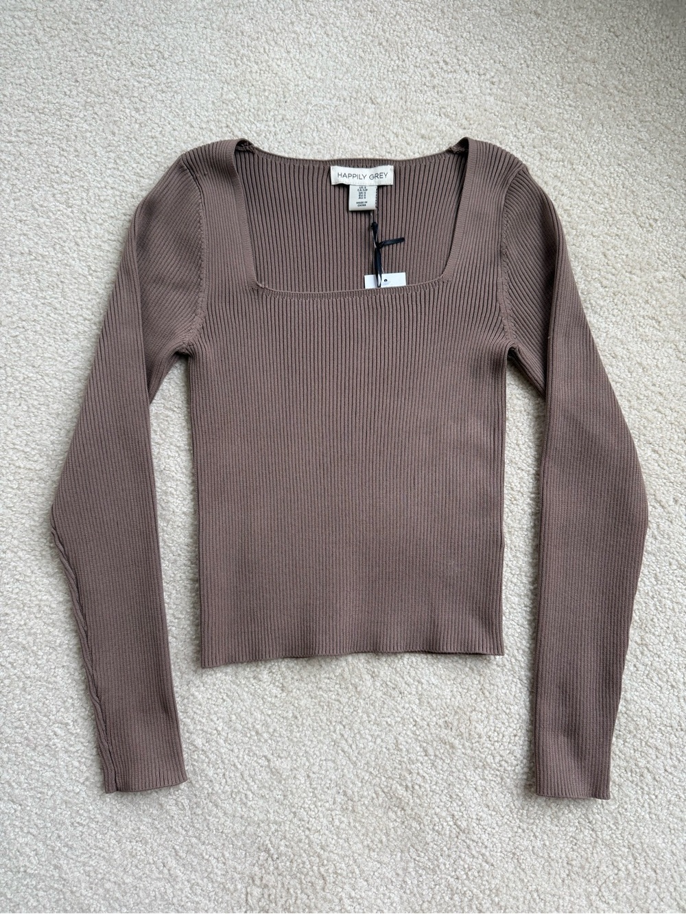 NWT* Happily Grey Ribbed Square Neck Long Sleeve Top - Taupe